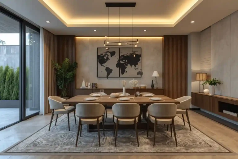 Modern luxury dining room with elegant contemporary furniture and lighting