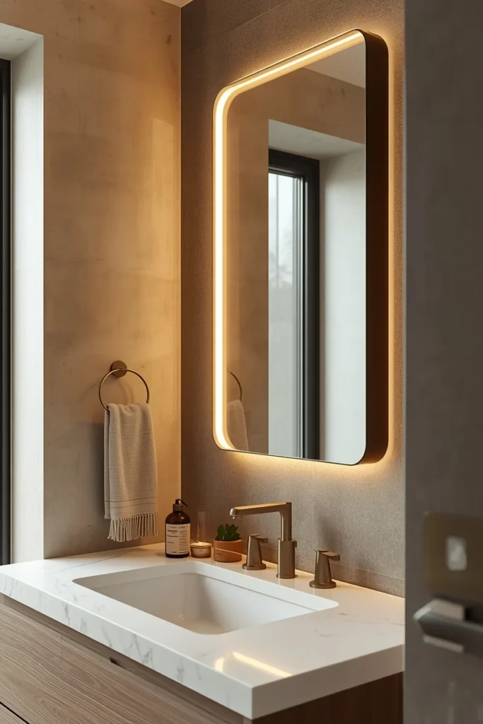 Backlit LED mirror providing even bathroom vanity lighting