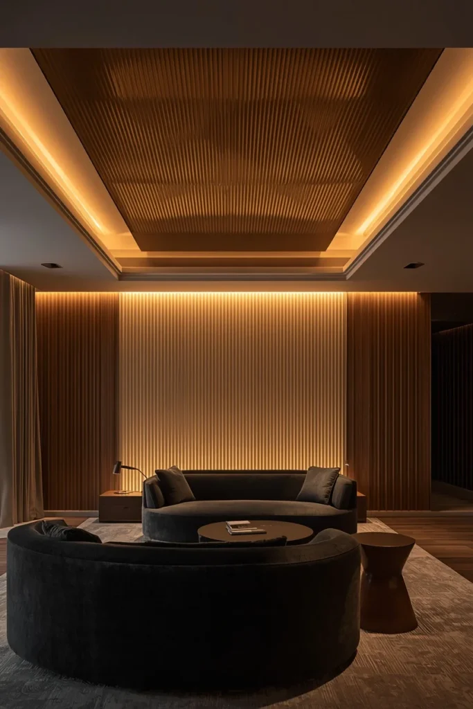 Backlit ribbed glass ceiling creating warm glowing ambience. 