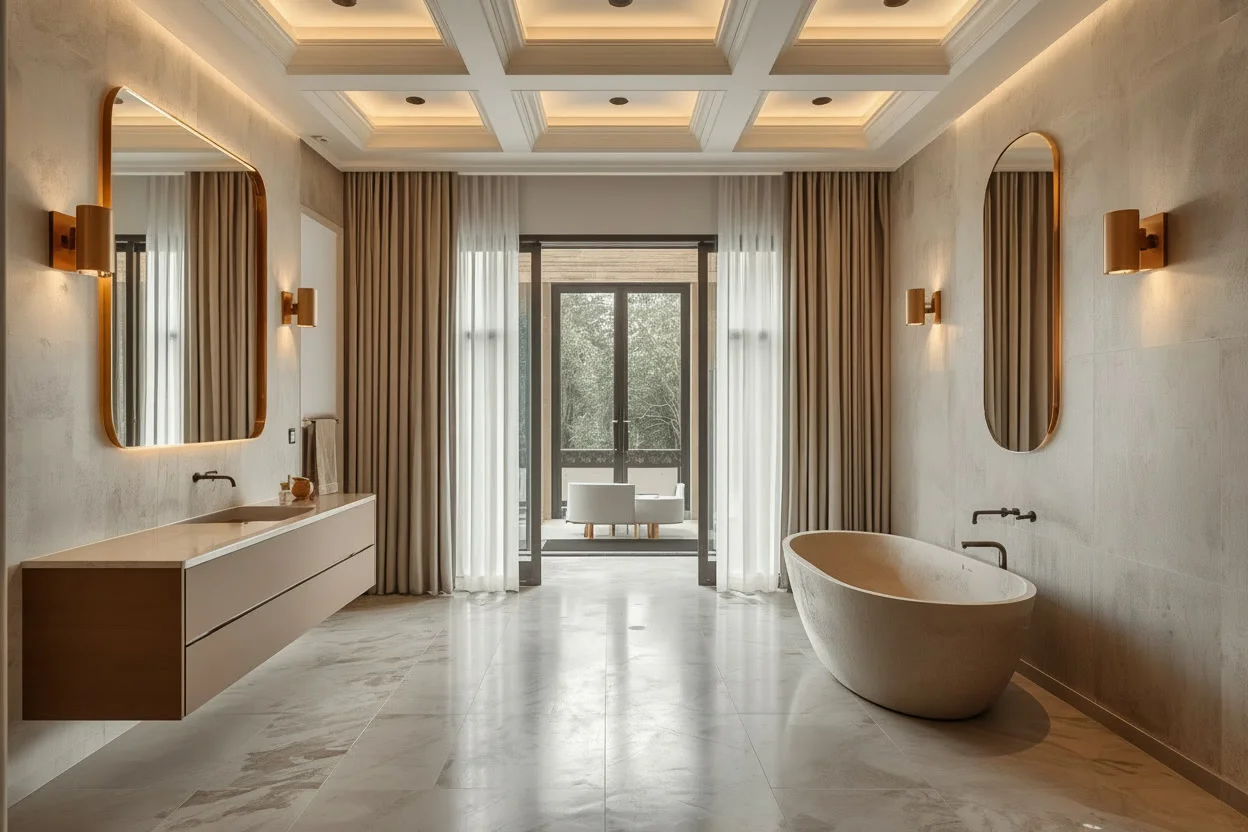 Warm bathroom lighting with layered modern fixtures