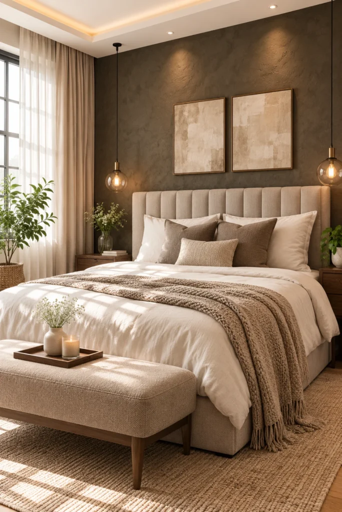 Modern bedroom featuring a bold accent wall behind the bed
