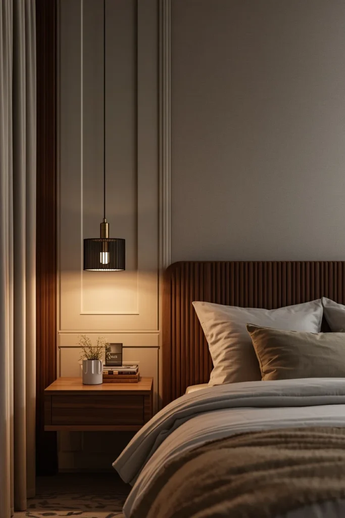 Pendant lights hanging above elegant bedroom nightstands