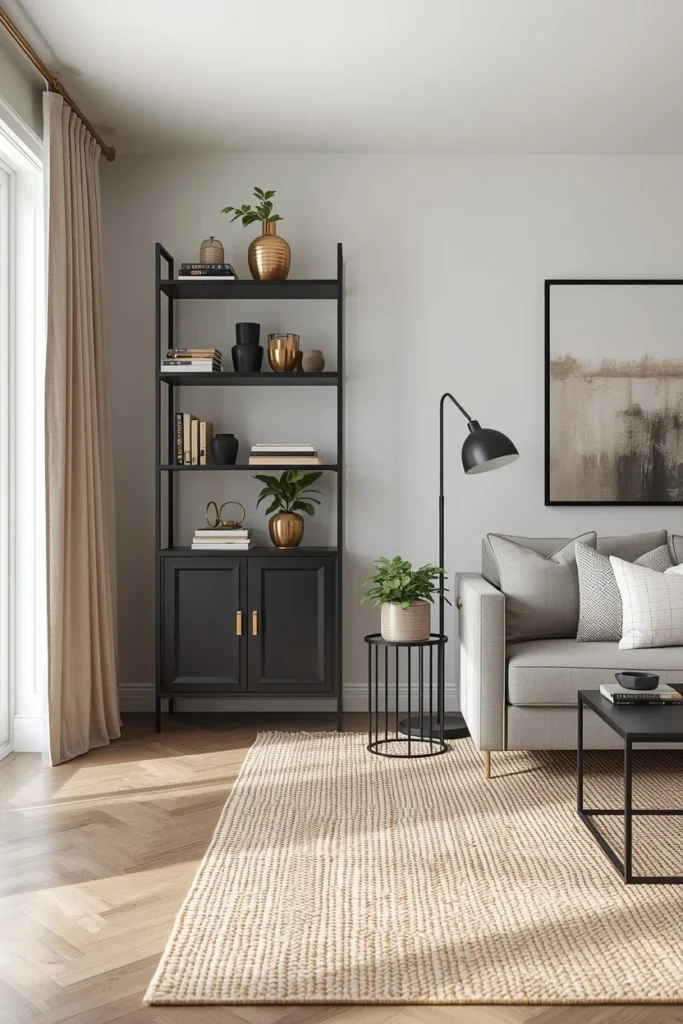 Matte black and brass accents in modern farmhouse living room decor