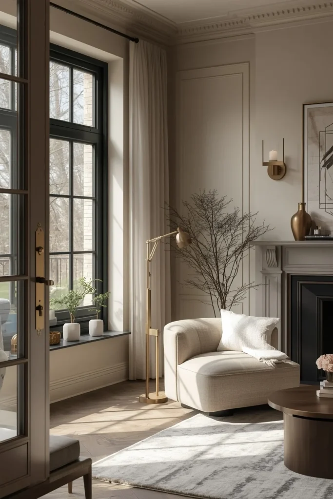 Matte black and brass hardware complementing neutral interiors. 