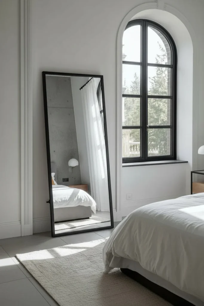Modern white bedroom with black-framed windows, a large black mirror, and minimal decor