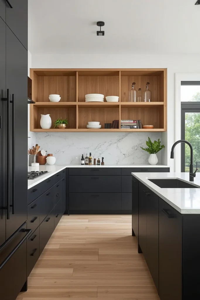 Black lower cabinets paired with light oak uppers