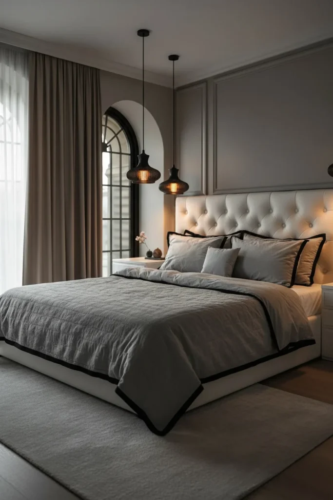 Black sculptural pendant lights hanging beside the bed in a modern black and white bedroom