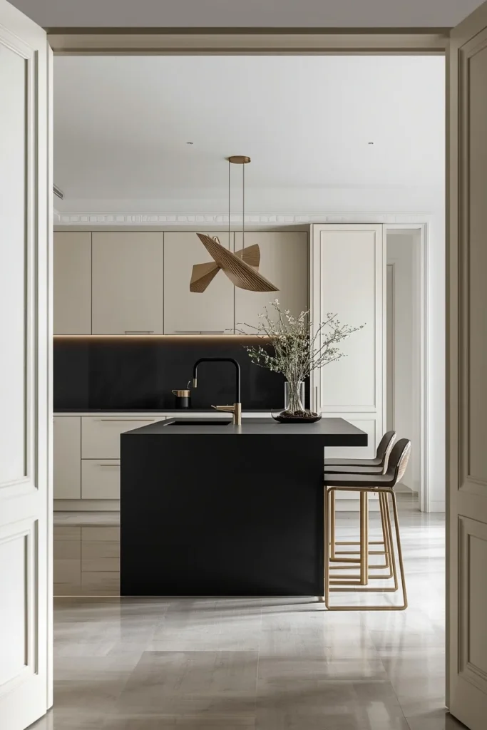 Black statement island with white perimeter cabinets