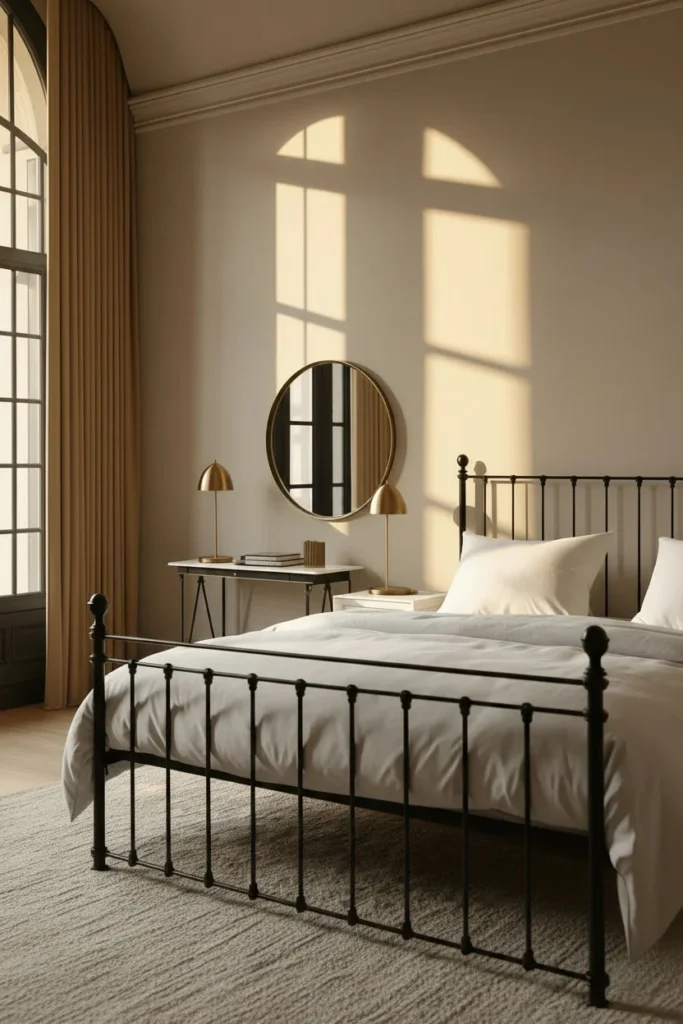 Black and white bedroom with a black bed frame, brass lamps, and brass mirror accents