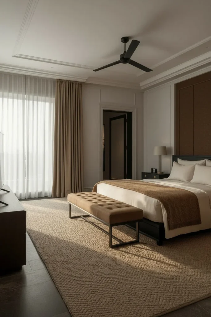 Soft black and white bedroom with warm greige bedding, curtains, and neutral decor