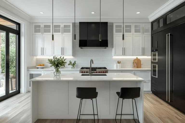 Modern black and white kitchen with white cabinets, black island, marble surfaces, and brass fixtures
