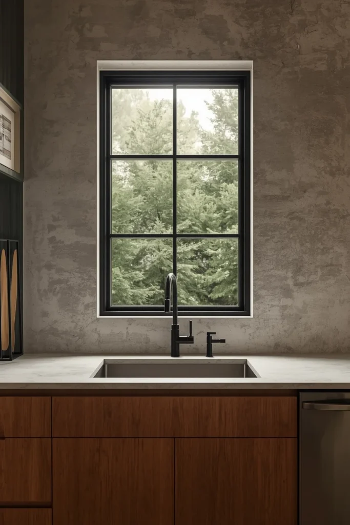 Modern kitchen sink beneath a window with a black metal frame