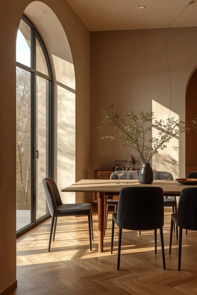 Modern dining room combining black metal accents and wood