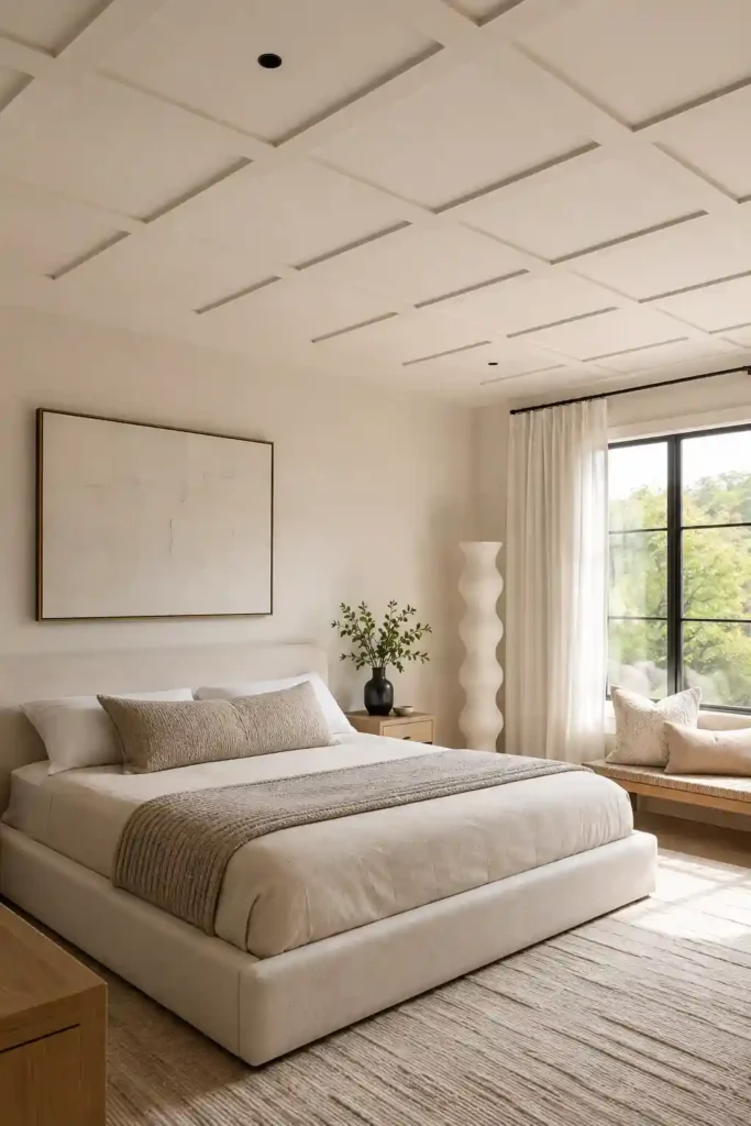 Board-and-batten grid adds subtle ceiling texture