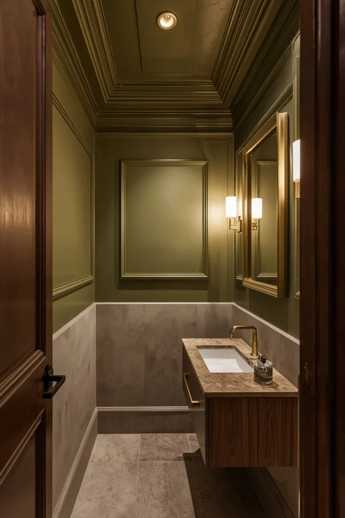 Bold olive coffered ceiling in modern powder room