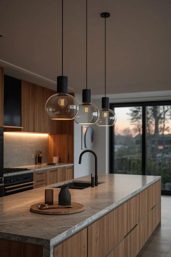 Modern kitchen with bold pendant lights hanging above the island