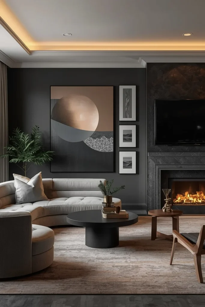 Large statement artwork with smaller framed pieces in a living room