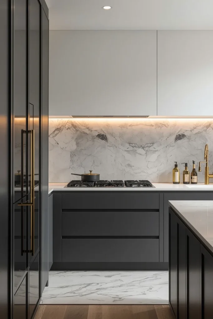 Book-matched porcelain slab backsplash behind kitchen range