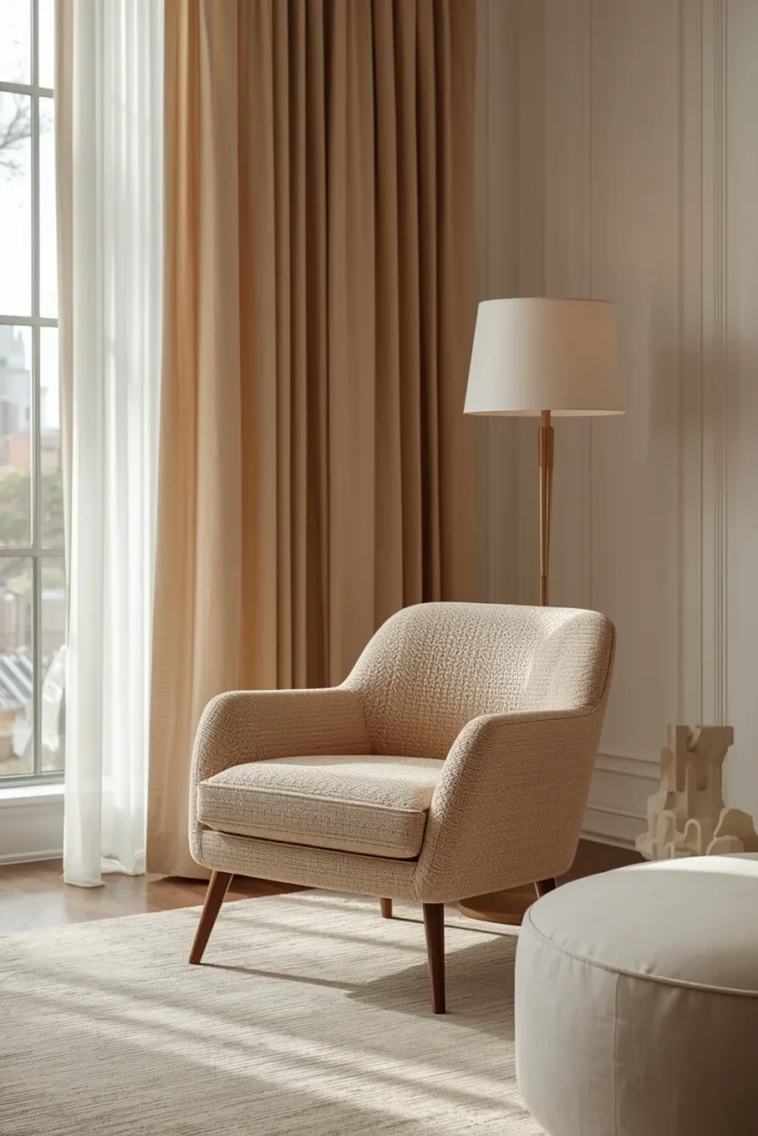 Cozy boucle accent chair adding inviting neutral texture. 