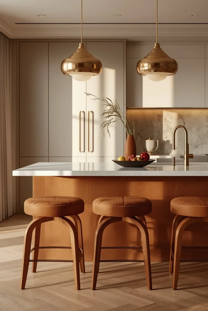 Bouclé and leather statement stools around kitchen island