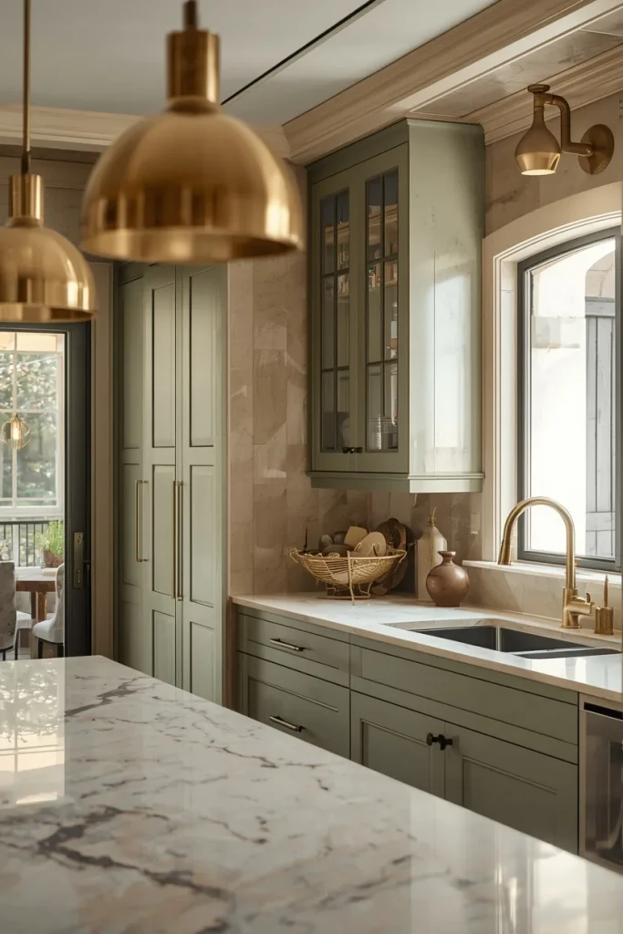 Warm brass fixtures complementing modern kitchen cabinets