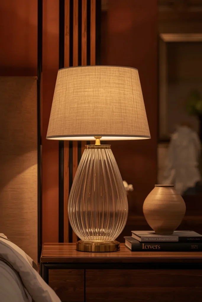 Brass and glass table lamps beside modern bed