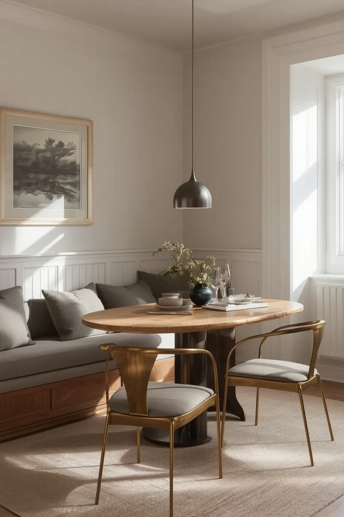Small dining room with a built-in bench and round dining table