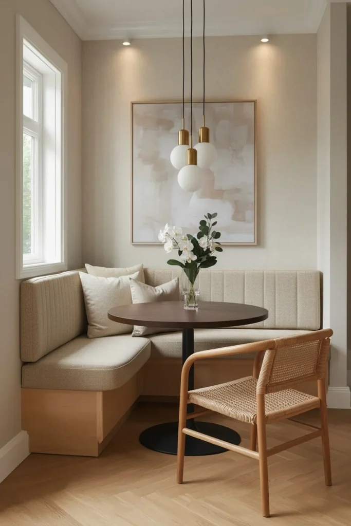 Small modern dining room with built-in banquette seating