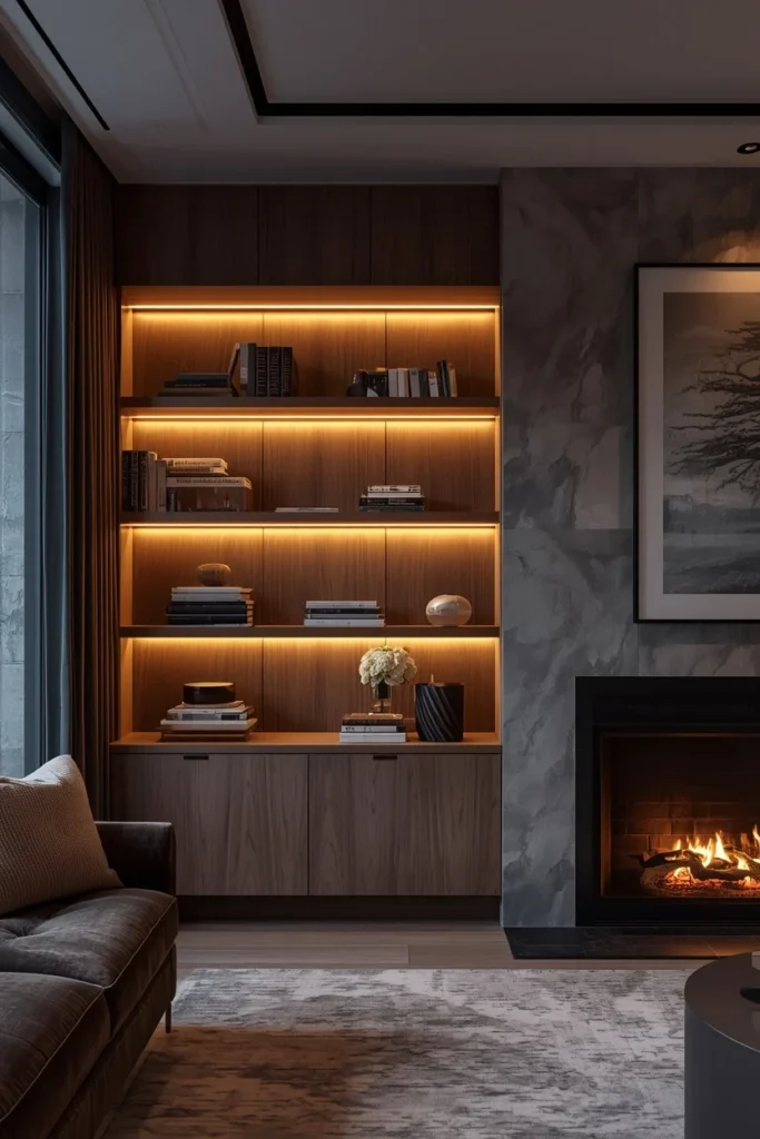 Built-in shelves with soft lighting in luxury living room