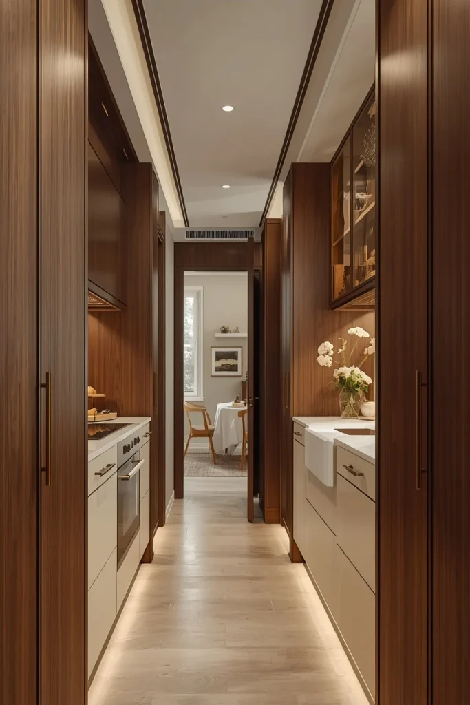Ceiling-height cabinets maximizing galley kitchen storage space