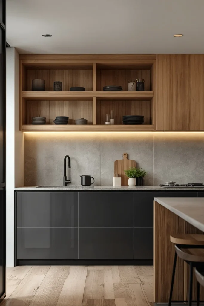 Charcoal lower cabinets with natural oak upper cabinets