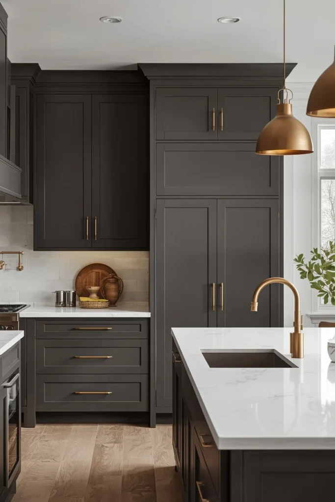 Charcoal Shaker kitchen cabinets with warm brass hardware