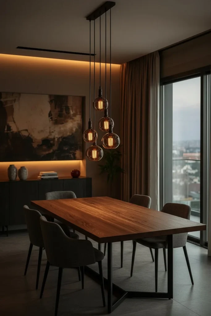 Modern dining room with clustered pendant lights above table