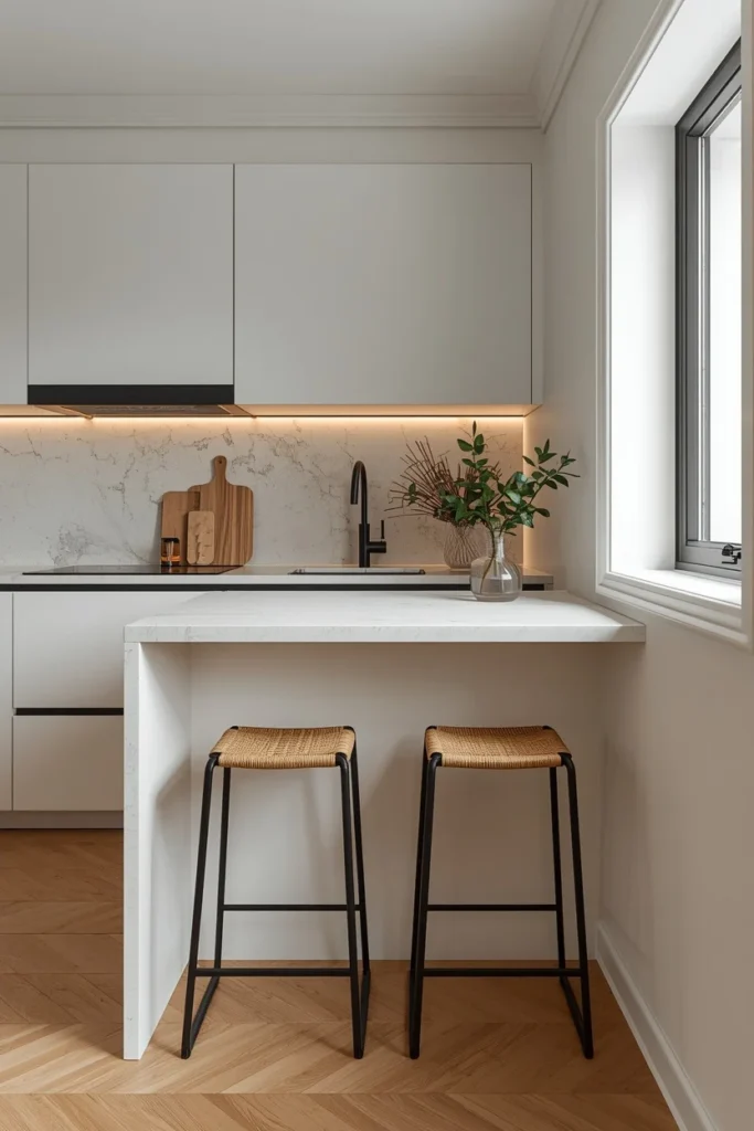 Compact kitchen peninsula with two slim comfortable stools
