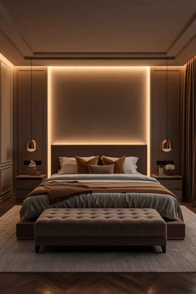 Soft cove lighting glowing behind an upholstered headboard
