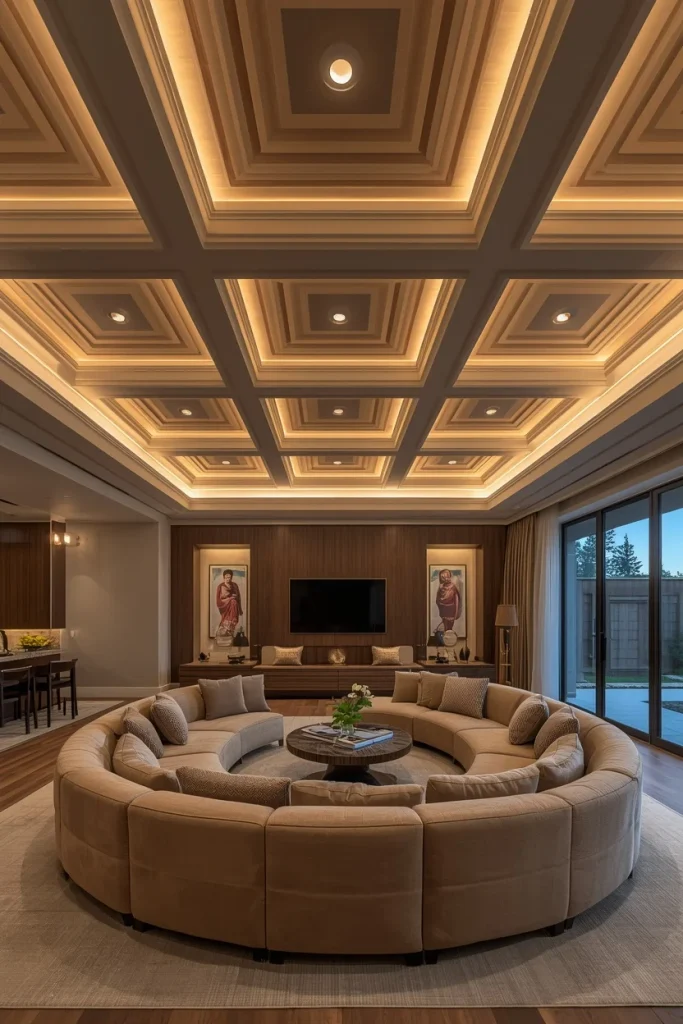 Cove lighting highlighting elegant coffered great room ceiling