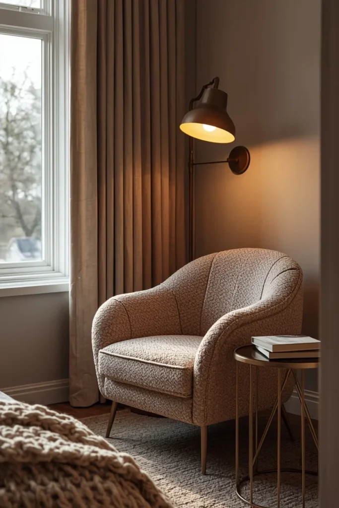 Cozy teen bedroom reading corner with boucle chair, floor lamp, and small side table