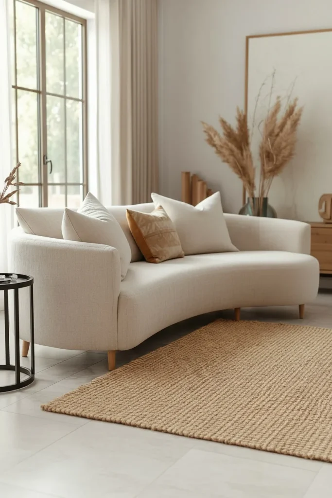 Curved linen sofa in a cozy modern farmhouse living room
