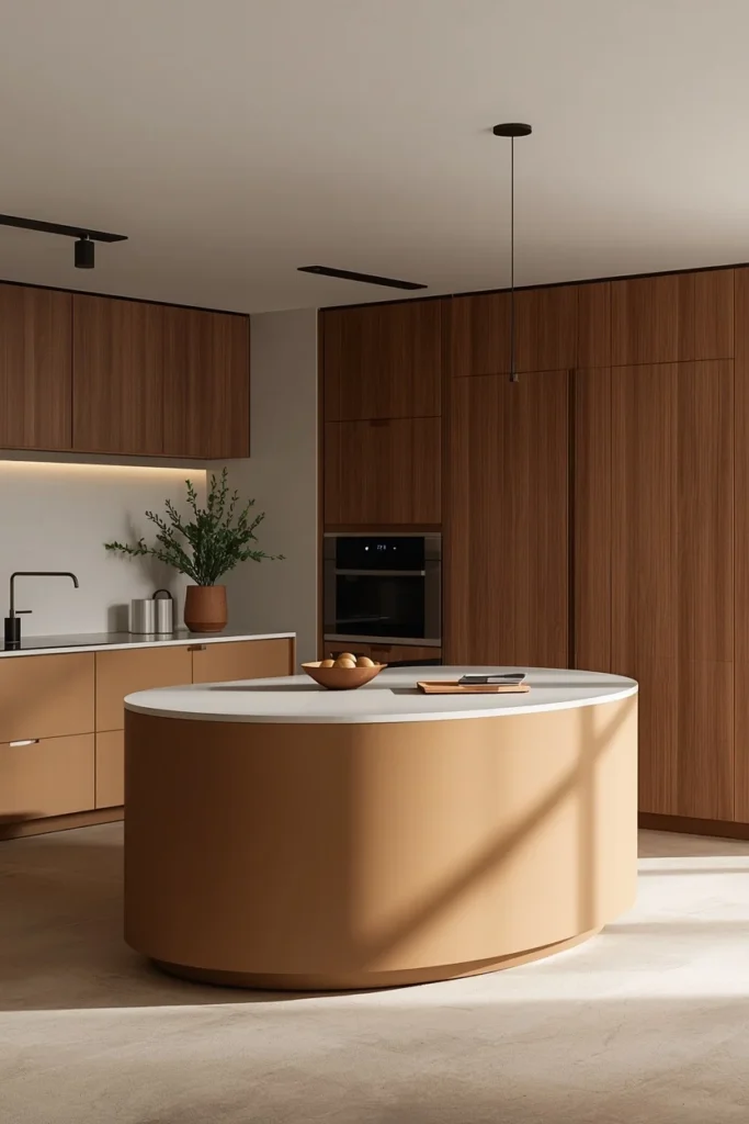 Modern kitchen featuring a curved island with rounded edges