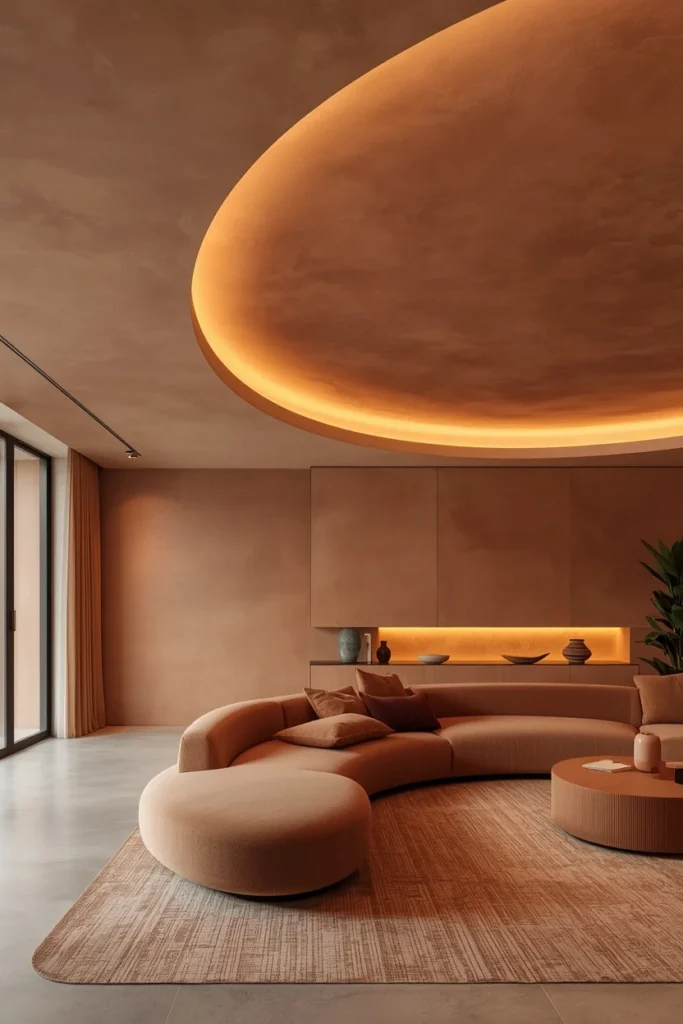 Curved false ceiling creating soft organic modern living. 