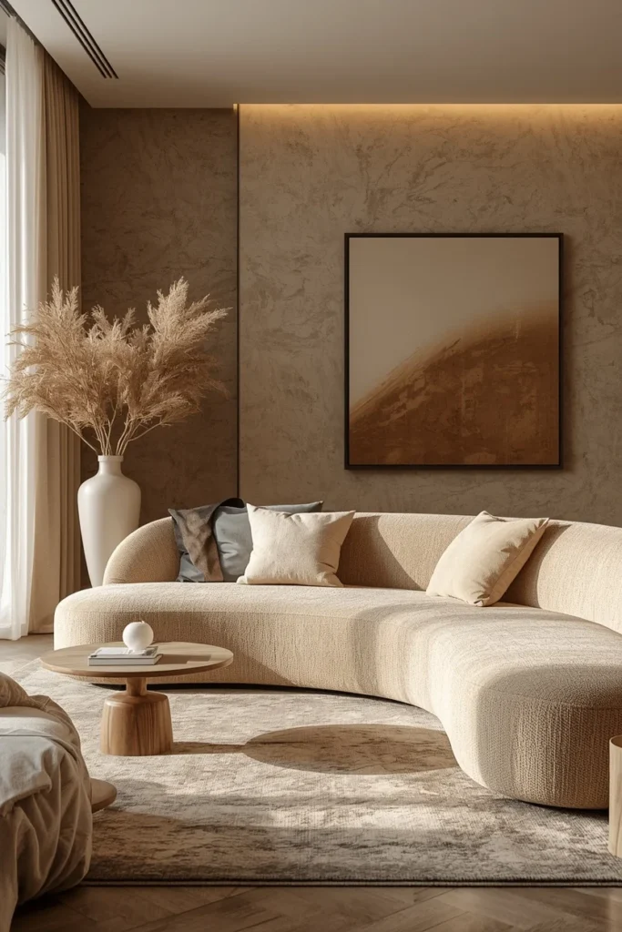 Curved oatmeal sofa creating inviting neutral living room. 