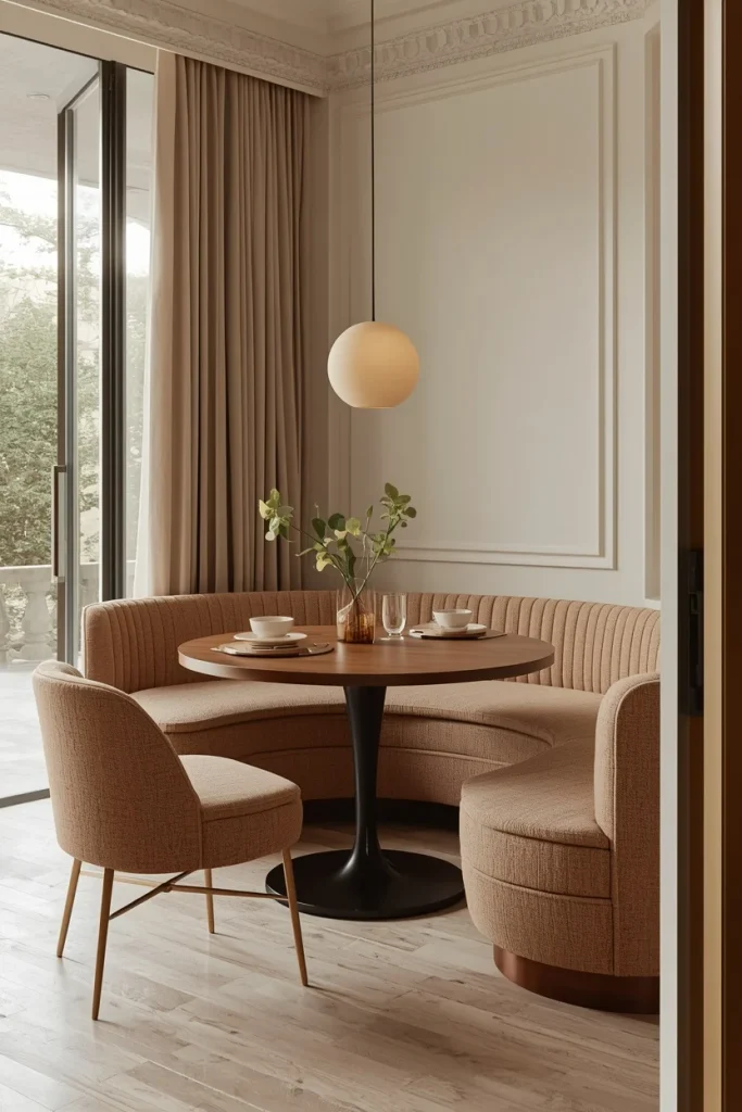 Small dining room with a curved wooden dining table and soft chairs
