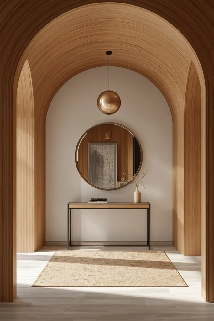 Curved wood ceiling in modern entryway