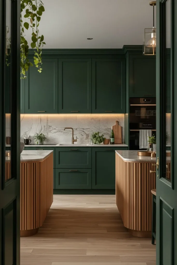 Deep green-black kitchen cabinets with natural wood accents