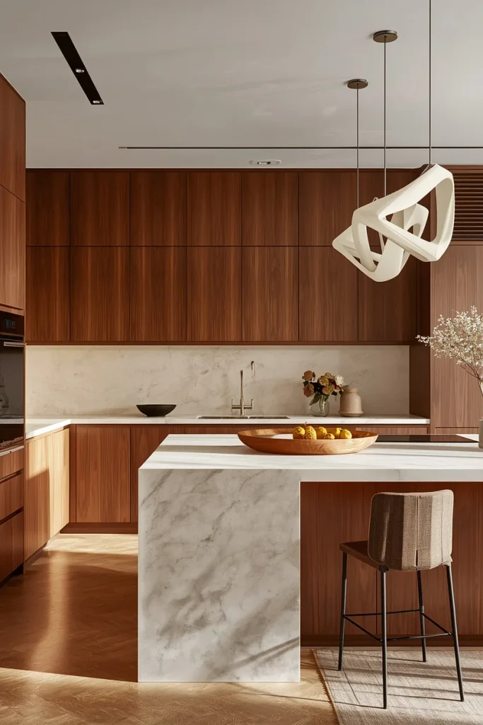 Deep walnut perimeter cabinets with warm white island