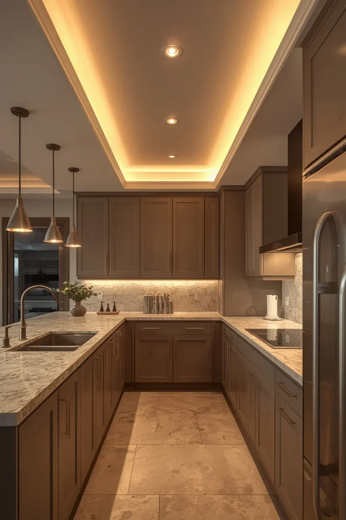 Dimmable recessed lights illuminating a modern kitchen ceiling