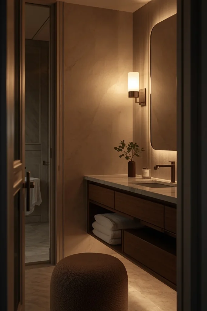 Dimmable smart lighting creating a spa-like bathroom atmosphere