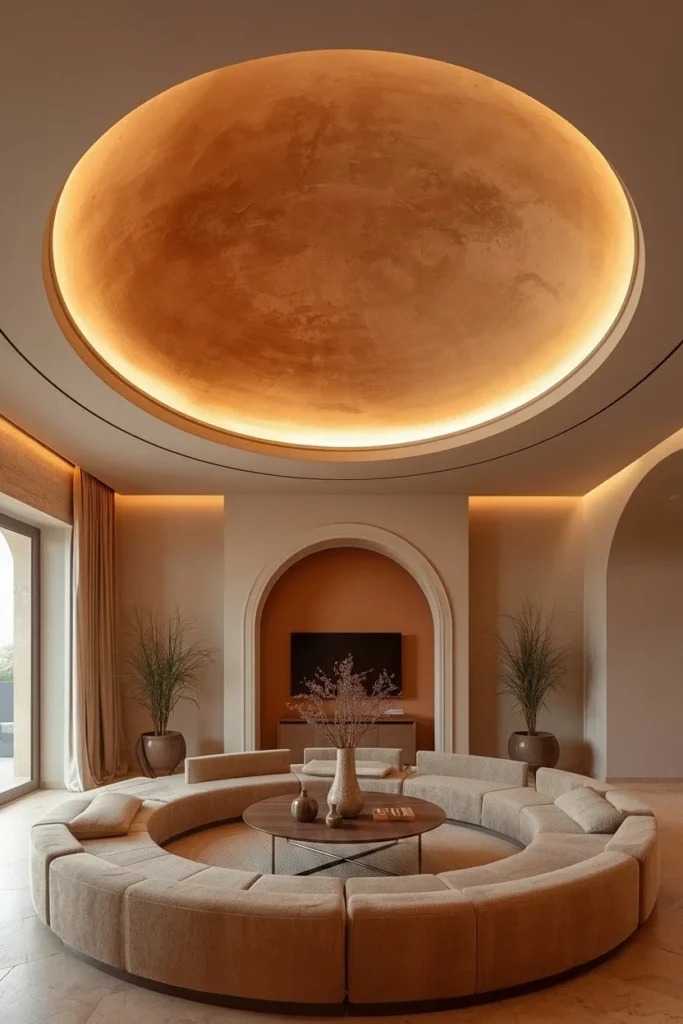 Circular domed ceiling medallion with soft ambient lighting. 