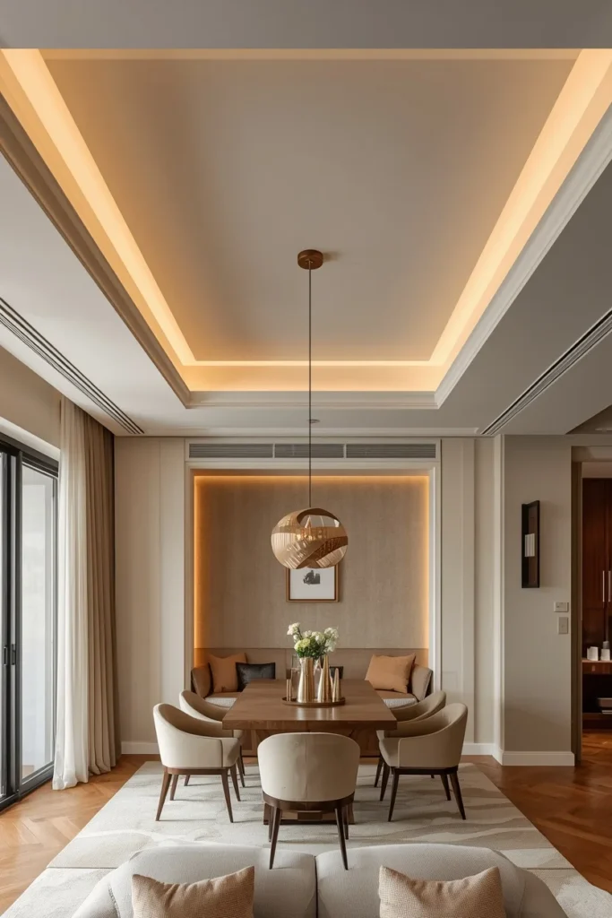 Double-layer ceiling featuring elegant statement pendant lighting. 