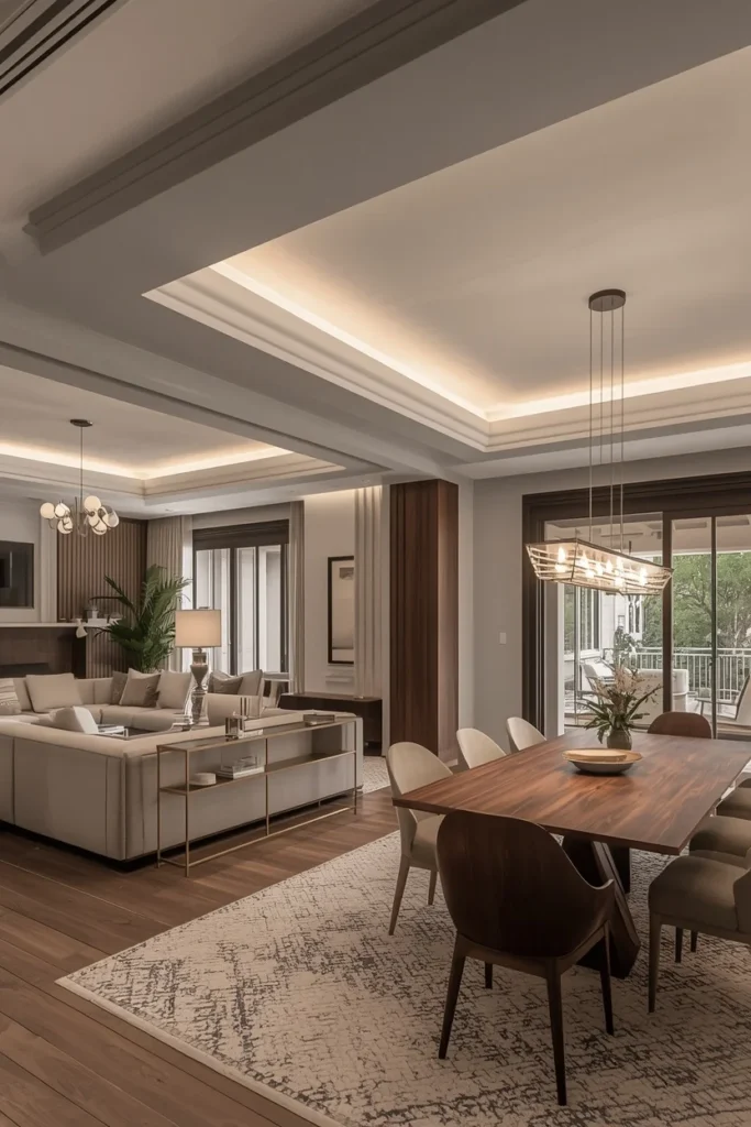 Dual tray ceilings define connected living and dining.